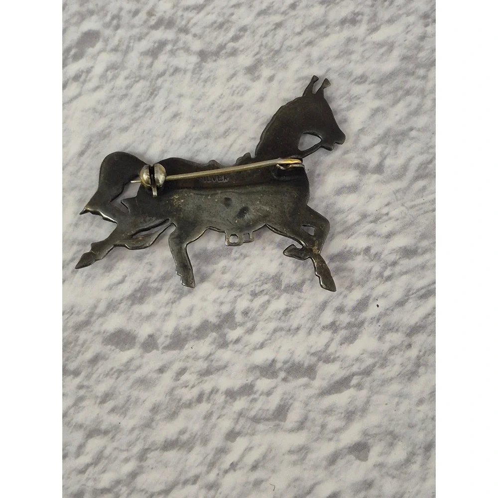 Vintage Siam Silver Enamel White Horse Equestrian Brooch Pin Sterling Silver